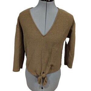 Madewell Medium Texture And Thread Tie Front 3/4 Sleeve Shirt Olive Green